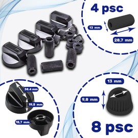 Gas Hob Knob - Set of 4 and Adapters for Concealed and High Axles Diameter 6 mm and Diameter 8 mm - Colour Black - Warranty 10 Year - MONTERAL