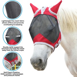 Horse Fly Mask with Ears Cover | Forelock Opening for Tangle-Free Mane Care | UV Protection & Breathable Mesh | No Rub Fit and Enhanced Visbility for Trail Riding Red Pony