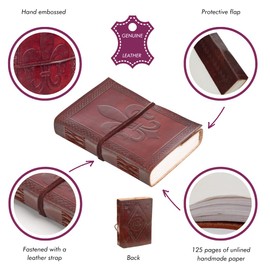 Fleur de Lis Leather Journal 13.5 x 18.5 cm Handmade Fair Trade and Eco Friendly Bound Notebook with Leather Binding for Men and Women