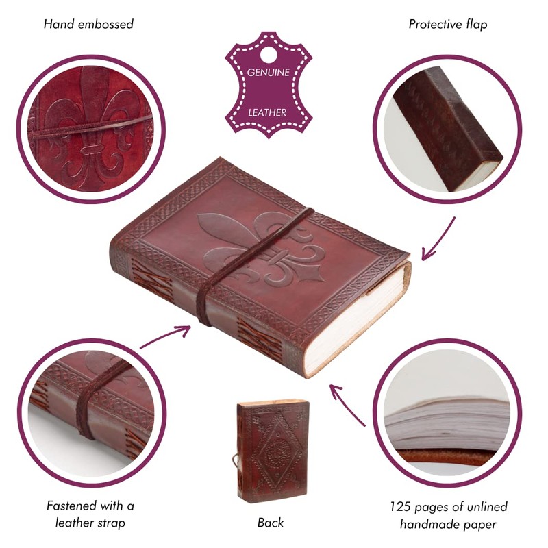 Fleur de Lis Leather Journal 13.5 x 18.5 cm Handmade