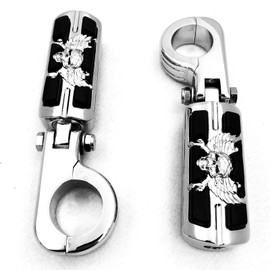 HTTMT MT216-057-CD/060-CD Wing Skull Zombie Shape 1 1/2 Inches Highway Stiletto 4475 Foot Pegs P-Clamps Compatible with Harley Sportster Touring Chrome Body Black Rubber