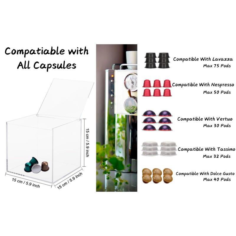 EXZACT Coffee Capsule Cube 15cm Acrylic, Coffee Pod Basket Organiser
