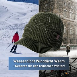 TOP-EX M/L/XL/XXL Unisex 50% Merino Wool Winter Peaked Cap Waterproof Beanie with Peak, Warm Lined Knitted Hat for Running, Windproof, 94596_grün