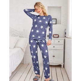 Ekouaer Pajamas Set Long Sleeve Sleepwear Womens Star Print Nightwear Soft Pj Lounge Sets with Pockets S-XXL