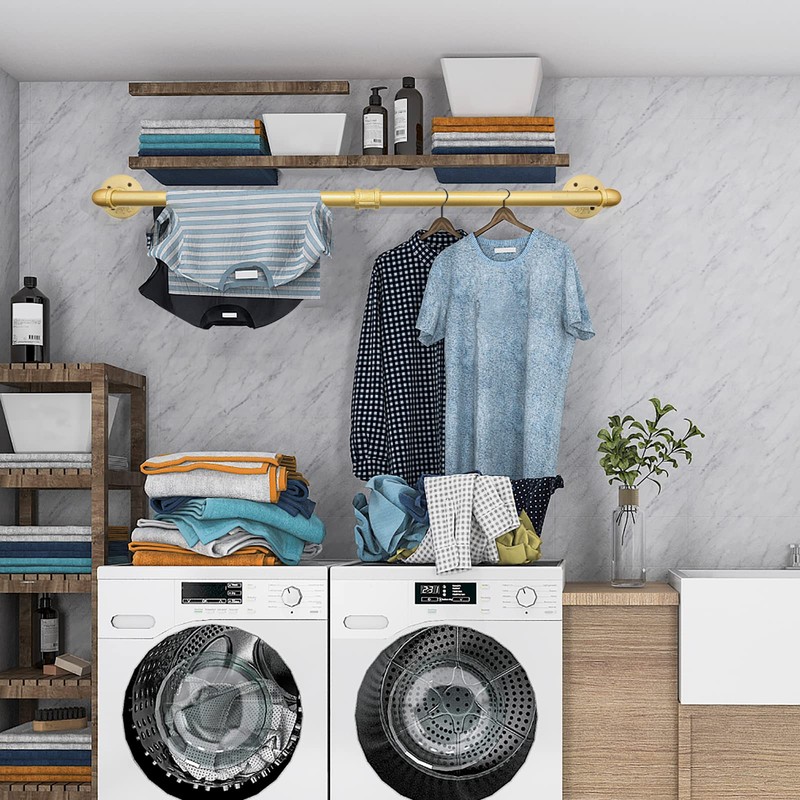 Fobule 48” Gold Wall Mounted Clothes Rack, Industrial Pipe Iron