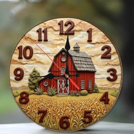 Rustic Red Barn Farmhouse Wall Clock 2D Relief Decor 10-Inch Wooden Wall Clock, Silent Movement, Battery Operated (AA Batteries Not Included), Artistic Home Decor, Perfect for Home Accents