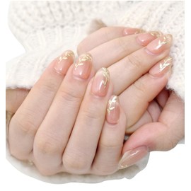 [Herbeluemily] ネイルチップ プレスオンネイル 手軽 簡単 つけ爪 付け爪 セルフネイル B ベージュ×リーフ M