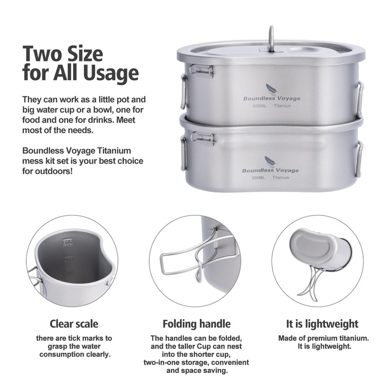 Boundless Voyage Titanium Canteen Mess Kit with Folding Handle Ultralight