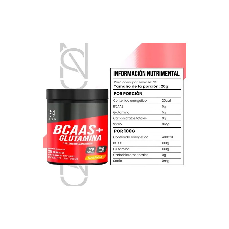 Bcaas + Glutamina Aminoácidos Psn 500g Sabores Naranja