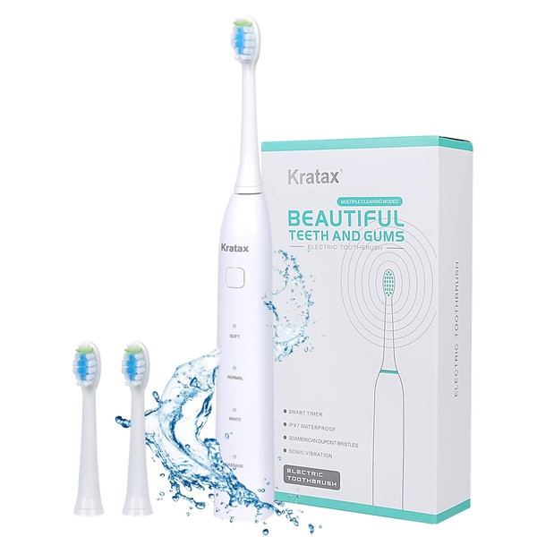 Kratax Sonic Electric Toothbrush for Adults, USB Rechargeable Toothbrush with 2 Replacement Heads, 4 Modes with 2 Minutes Smart Timer, IPX7 Waterproof -Modern Electric Toothbrush (White)