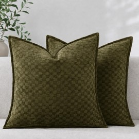 Chenille Plaid Throw Pillow Covers 18x18 Inch, Set of 2 Olive Green