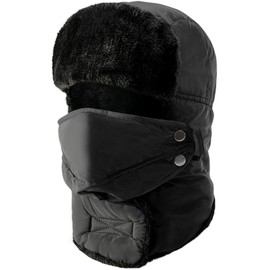 Winter Hat with Ear Flaps, Trapper Hat, Unisex Russian Hat, Snowproof Aviator Hat, Faux Fur Hat with Windproof, Removable Face Mask, Skiing, Ice Skating and Other Outdoor Use, black