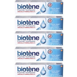 5 Pack - Biotene Fluoride Toothpaste, Fresh Mint, Gentle Formula 4.3oz Each