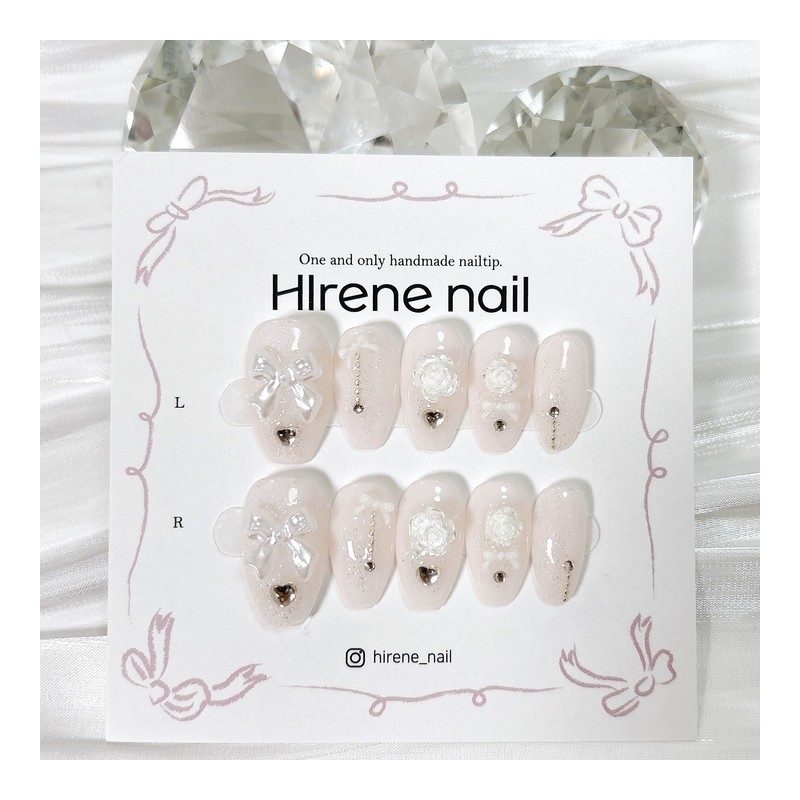 Wedding Rose Ribbon Nail - Almond / 웨딩 로즈 리본