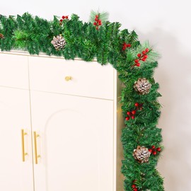 Christmas Garland with Lights for Stairs 2.7M/9FT Christmas Garlands for Fireplaces, Artificial Wreath Garland with Pine Cones Berries for Stairs Xmas Tree Indoor Outdoor