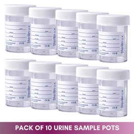The Labsales Company 10 x Sterilin Urine Sample Bottles Specimen Pot Graduated Container with Lid & Printed Label 60ml for Urine Medical Collection Suitable For NHS Spill Proof