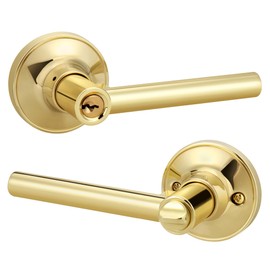 Gaurqiah Bright Gold Keyed Entry Door Handle, Round Design Door Lever with Keys, Reversible Door Lever for Entrance Front Bedroom, Polished Brass