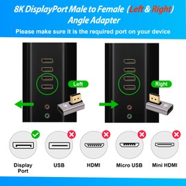 8K DisplayPort 1.4 Adapter 90 Degree and 270 Degree Gold Plated Adapter 4 Pack, Right Angle DP Male to Female Vertical Connector Converter DP L Shape Extender, Support 8K@60Hz，4K@144Hz，4K@60Hz，4K@30Hz