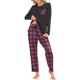 MoFiz Women's Pajama Sets Long Sleeve Couples Matching Pajamas Christmas Holiday PJs Lightweight Loungewear Sleepwear Nightwear Sets Soft Sleep Sets Red Plaid Pants with Pockets S