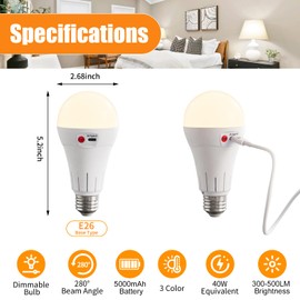 1 Pack Wireless Rechargeable Light Bulbs with Remote, Cordless E26 Battery Operated Light Bulb for Non-Hardwired Lamps, 500LM, Dimmable, Timer, 5000mAh 3 Color Temperatures Charging LED Light Bulbs