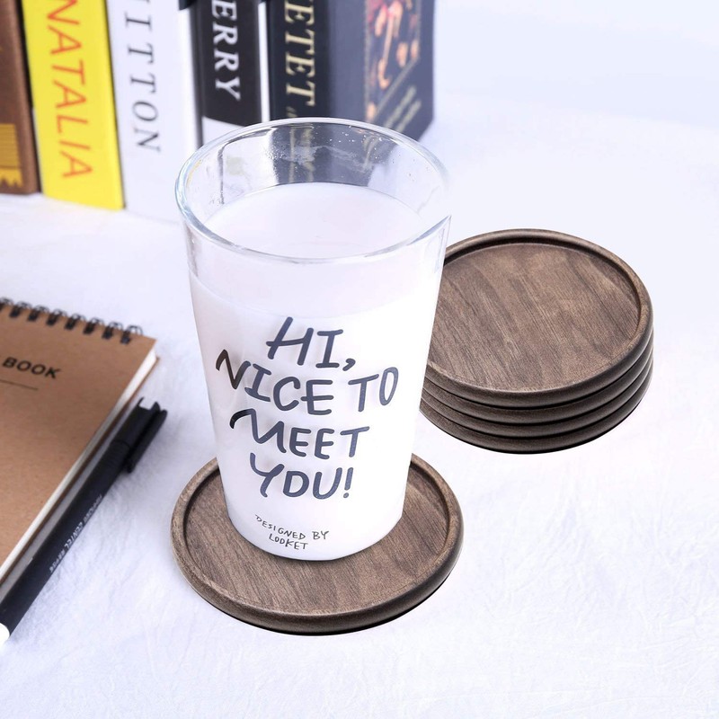 8 Pieces Wood Drink Coasters with Leather Holder, GOH DODD