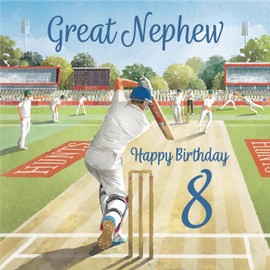Hunts England - 8th Great Nephew Cricket Birthday Card - Milo's Gallery - Age 8 Sport Fun Birthday Card For Great Nephew - For 8 Year Old Cricket Fan - Age Eight