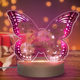 Minicloss Sister Butterfly Shaped Gifts Acrylic Plaque Present Butterfly Acrylic Night Light with Wooden Base, Birthday Gifts for Sister Women Friends Birthday