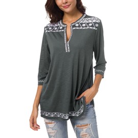 Urban CoCo Women's Embroidery Shirts 3/4 Sleeve Boho Casual Blouse(XL,Deep Gray)