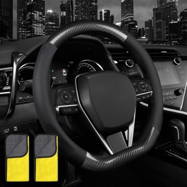 Funda de Piel para Volante de Coche,Funda Universal para Volante de Fibra de Carbono ,con 2 pcs Toallas de Limpieza de Microfibra, Elástica, Transpirable, Antideslizante, de 38.1 cm, Unisex . (D-1)