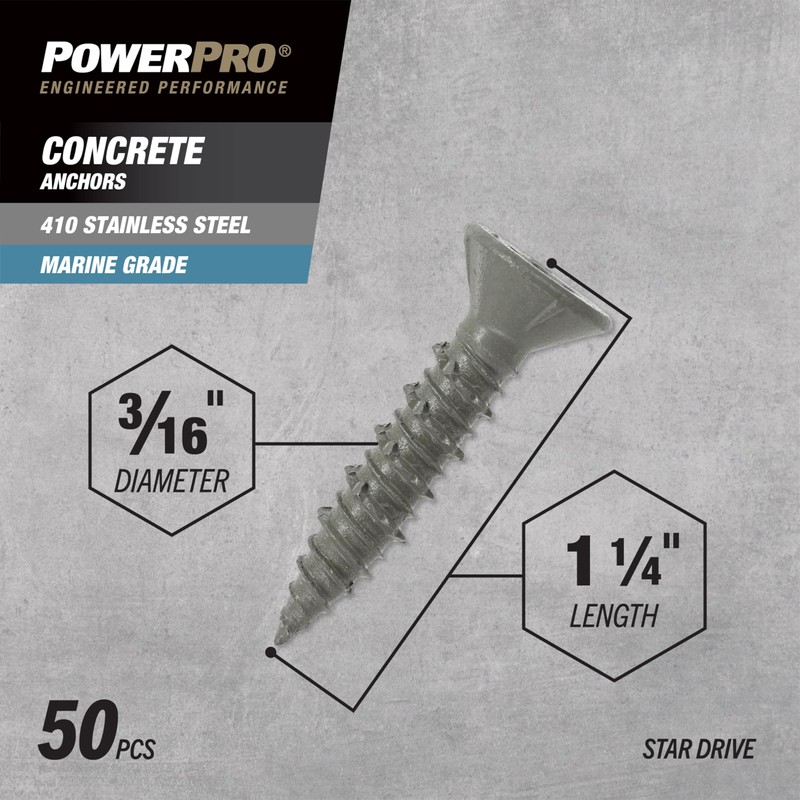 Power Pro 376633 Concrete Screw Anchors, 3/16" x 1-1/4", High-Performance,