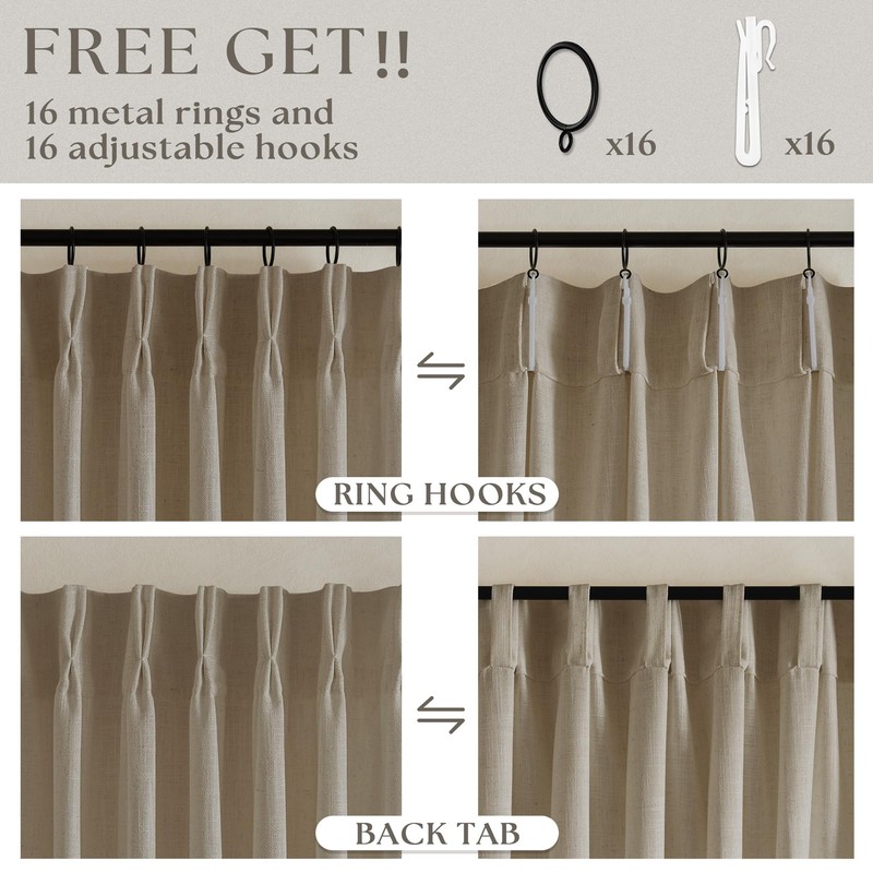 Pleated Linen Curtains 90 Inches Long for Living Room Pinch