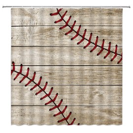 HYKHYK Baseball Shower Curtain Sports Theme Vintage Wooden Boards Cool Men Teen Boys Kids Fabric Bathroom Curtain Set with Hooks(70" WX70 H)
