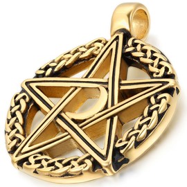 Flongo Men's Rock Stainless Steel Gold Hollowed Pentagram Five Point Star Pendant Necklace, 22 inch Chain