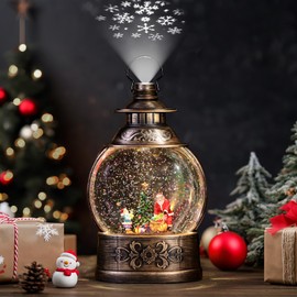 Lewondr Snow Globe for Christmas, Santa Claus Glitter Water Lantern with 8 Songs, 6H Timer Battery & USB Powered Music Box with Projector for Christmas Holidays Home Decoration, Brass
