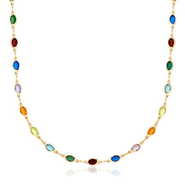 Barzel 18K Gold Plated Oval Multicolor Stone Crystal Necklace for Women - Made In Brazil