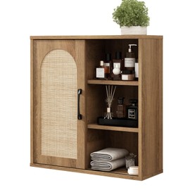 RUSTOWN Boho Rattan Wall Cabinet, Midcentury Bathroom Cabinet with Sliding Door, Adjustable Shelves, Over The Toilet Storage Cabinet (Rustic Oak)