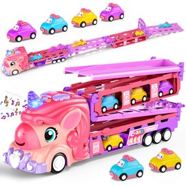 Hot Bee Girls Toy Car Set with Unicorn Toys Truck - 6 Princess Cars & 2-Player Fold Out Track with Light & Sound - Friction Power Car Toys Birthday Gifts for 3, 4, 5, 6, 7 Year Old Toddler Girl