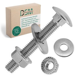 DSM - Carriage Bolts M6 x 35mm DIN 603 - M6 Flange Nut with Locking Toothing DIN 6923 & Washer DIN 9021 - A2/V2A Stainless Steel - Round Head Bolts - Hex Nut - Pack of 50