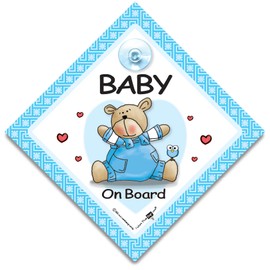 Baby On Board Sign Blue Bear, Baby On Board Sign, Grandchild On Board Car Window Sign, High Visibility Advisory Car Sign Designed to Let Other Road Users a Child is in The Car, 14 cm x 14cm x 2cm