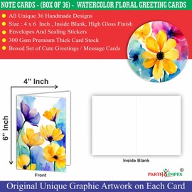 PARTH iMPEX 36 Floral Blank Note Cards With Envelopes - 4 x 6 inch All Occasion Greeting Cards, Watercolor Flowers Sympathy Thank You Notecards and Sealing Stickers