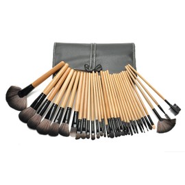 Makeup Brushes Cosmetic Brush Set: Cream Liquid and Mineral Foundation, Blush, Eyeshadow, Eyeliner, Lip Professional Makeup Tools: Travel Brush Kit and Vegan Leather Case (32 Piece, Wood)