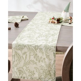 TOPICK Spring Table Runner Linen Farmhouse Table Cloth Sage Floral Decorative Table Runners 72 Inch Botanic Printed Burlap Handcrafted Flax Coffee Table Decor 1 Panel Sage on Beige