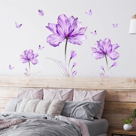 Ink Style Purple Flower Butterfly Wall Stickers, sacinora Lotus Peony DIY Floral Art Wall Decals Removable Vinyl Peel and Stick for Living Room Bedroom Nursery Playroom Door Decorations