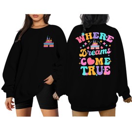 ASTANFY Magic Kingdom Sweatshirt for Women Castle Graphic Sweatshirts Oversized Family Vacation shirts Long Sleeve Pullover Black