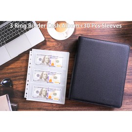 Cash Collection Book, Binder Currency Holder Album with 180 Pockets Paper Money Sleeves, Fireproof Currency Organizer for Money Protection and Storage