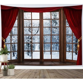 LB Snow Forest Wall Towel Snowy Trees Outside the Wooden Window Wall Hanging Winter Landscape Tapestry for Living Room Bedroom Dorm Wall Decoration 150 x 130 cm
