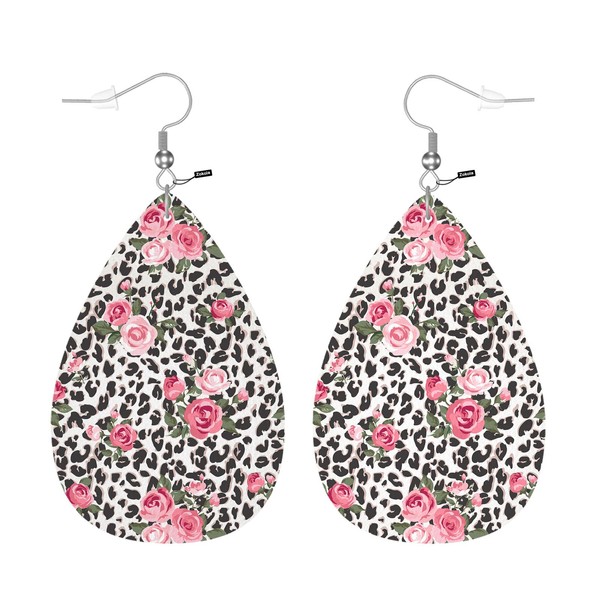 Zokola Rose Leopard Print Faux Leather Earrings, Pink Rose Flower