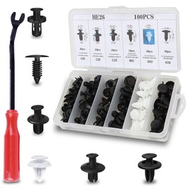 Ajxn 100 PCS Lower Hood Clips, Push Pins Clip Removal Tool Set, Automotive Bumper Clips, Shield Retainers Replacement, Car Tool Kit, Plastic Rivets with Fastener Remover, for Most Cars (White)