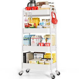 TOOLF 4-Tier Metal Rolling Cart with Wheels, Storage Utility Organizer Cart for Kitchen, Bathroom, Office, Baby Essentials & Makeup - Lockable Casters, Easy Assembly, Large Capacity, White
