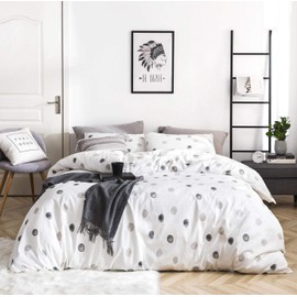 SUSYBAO Polka Dots Duvet Cover Queen 100% Cotton 3 Pieces Set 1 White Geometric Duvet Cover with Zipper Ties 2 Pillowcases Modern Grey Circle Print Bedding Set Soft